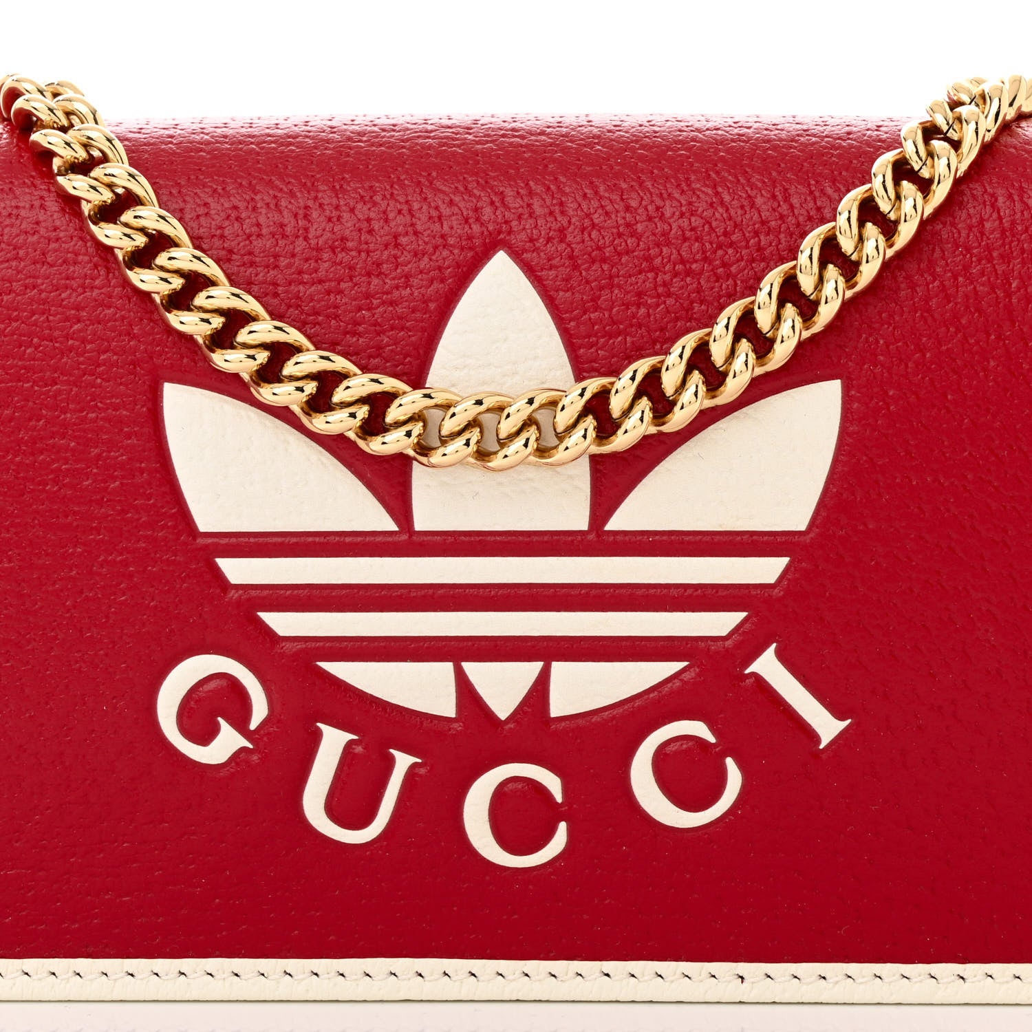 Gucci X ADIDAS Textured Dollar Calfskin Trefoil Embossed Wallet On Chain Hibiscus Red Off White 8 of 10
