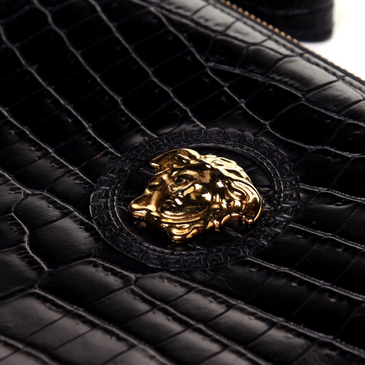 Versace Crocodile Embossed Calfskin Medusa Wristlet Black 9 of 11