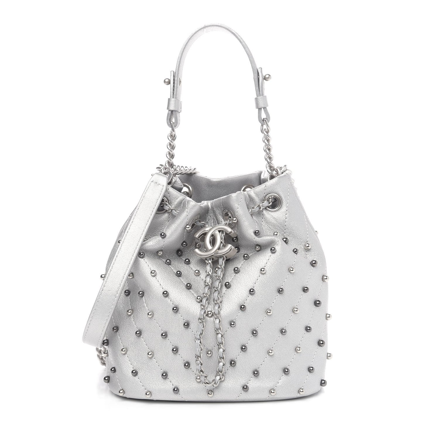 Metallic Lambskin Studded Chevron Quilted Small Stud Wars Drawstring Bag Silver