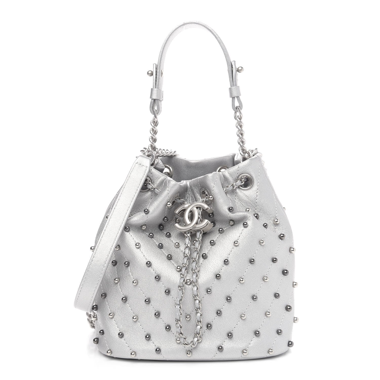 Chanel Metallic Lambskin Studded Chevron Quilted Small Stud Wars Drawstring Bag Silver 1 of 11