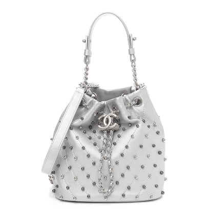 Chanel Metallic Lambskin Studded Chevron Quilted Small Stud Wars Drawstring Bag Silver 1 of 11