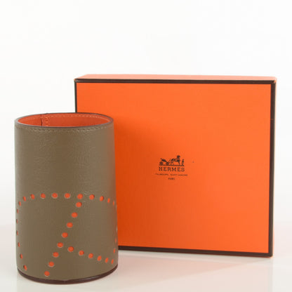 Hermes Taurillon Lisse Vache Velvet Evelyn Pencil Holder Etoupe Potiron 6 of 7