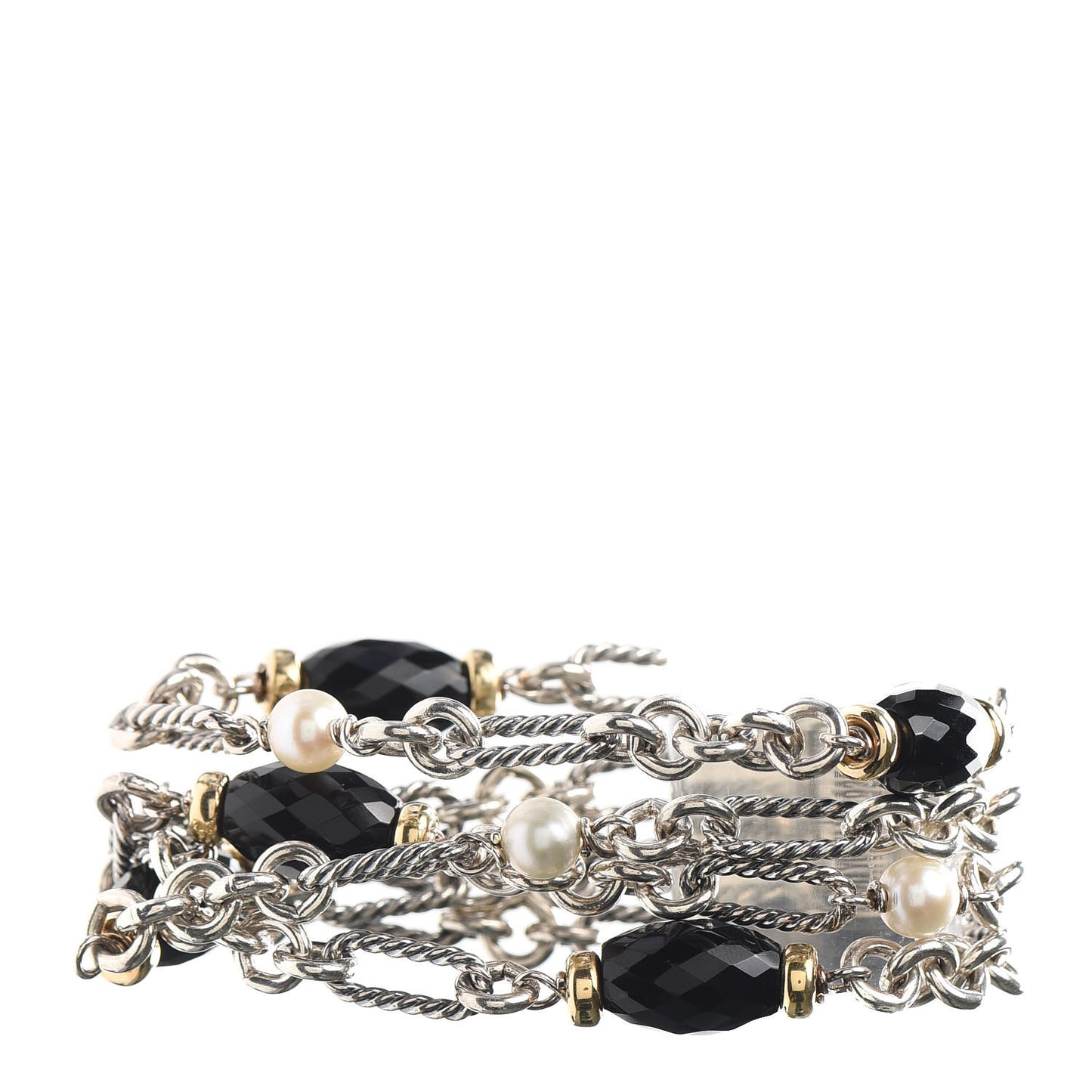 Sterling Silver 18K Yellow Gold Black Onyx Pearl Multi Strand Figaro Bracelet