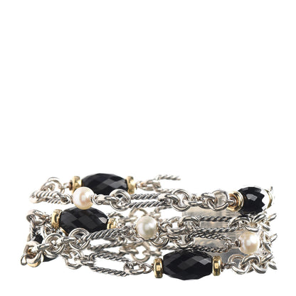David Yurman Sterling Silver 18K Yellow Gold Black Onyx Pearl Multi Strand Figaro Bracelet 1 of 4