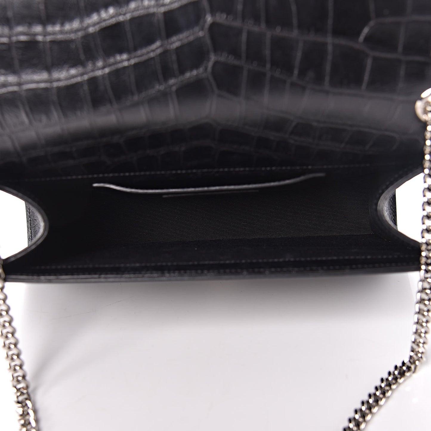 Calfskin Crocodile Embossed Medium Classic Monogram Kate Tassel Satchel Black