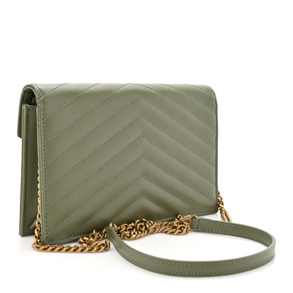 Saint Laurent Grain De Poudre Matelasse Chevron Monogram Envelope Chain Wallet Light Sage 3 of 11