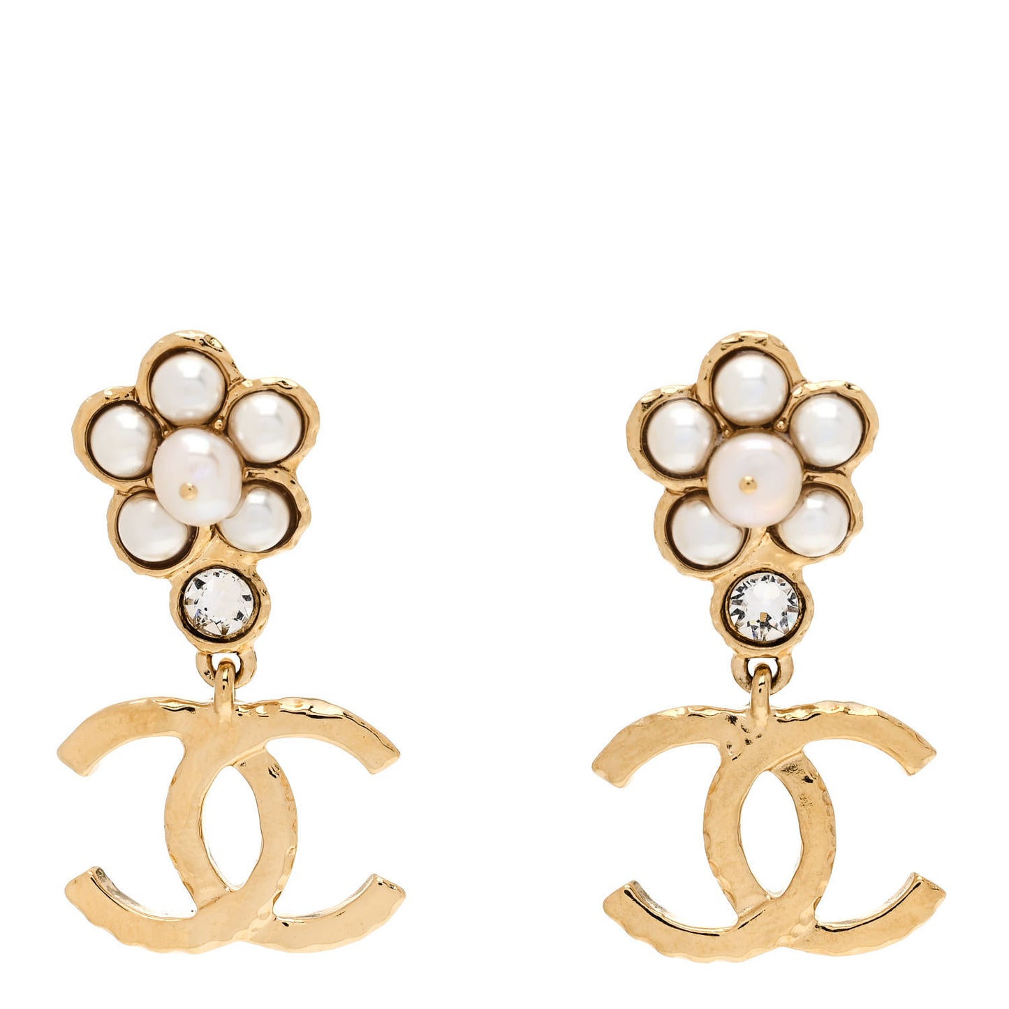 Pearl Crystal CC Flower Drop Earrings Gold White