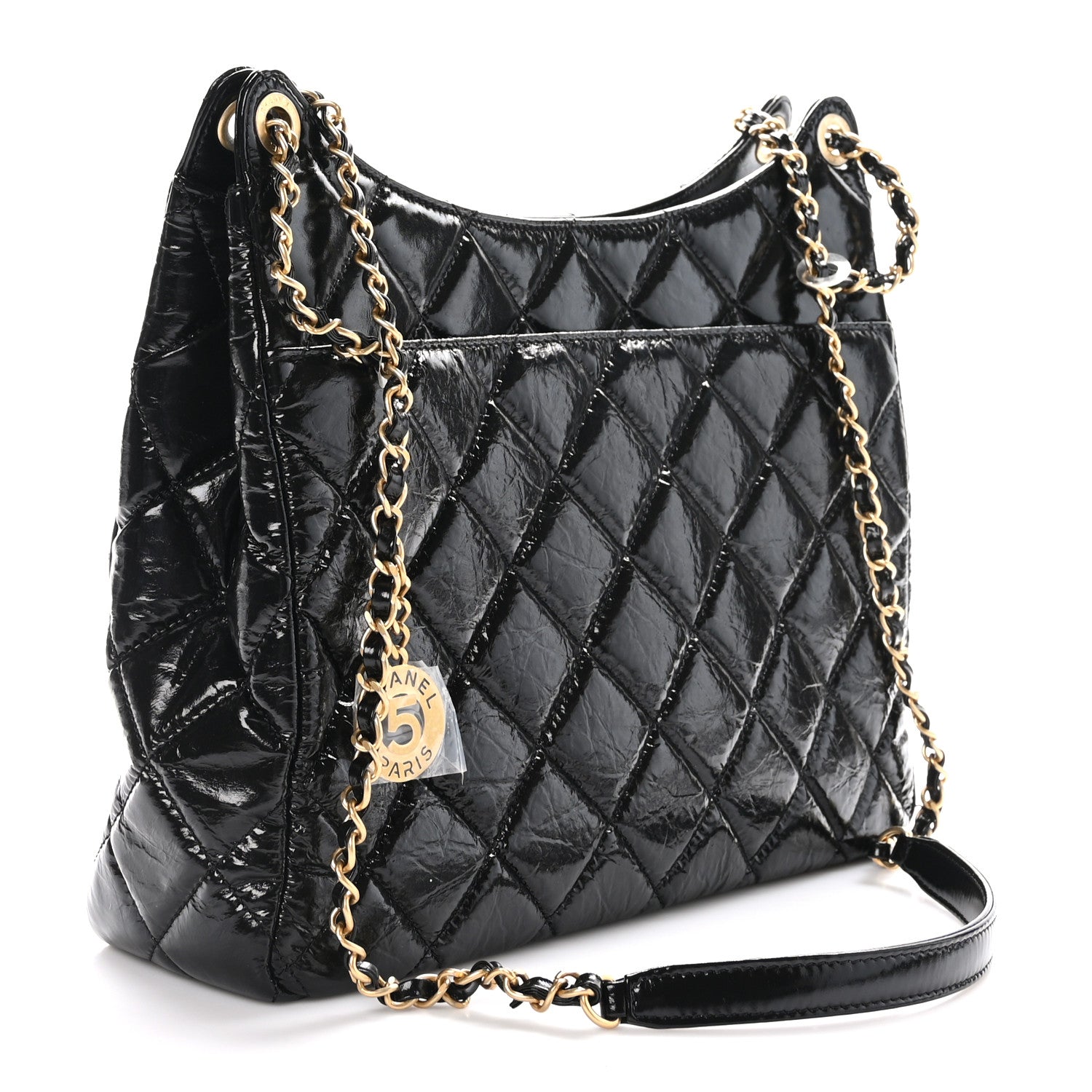 Chanel Shiny Crumpled Calfskin Quilted Large Wavy CC Hobo Black 3 of 10