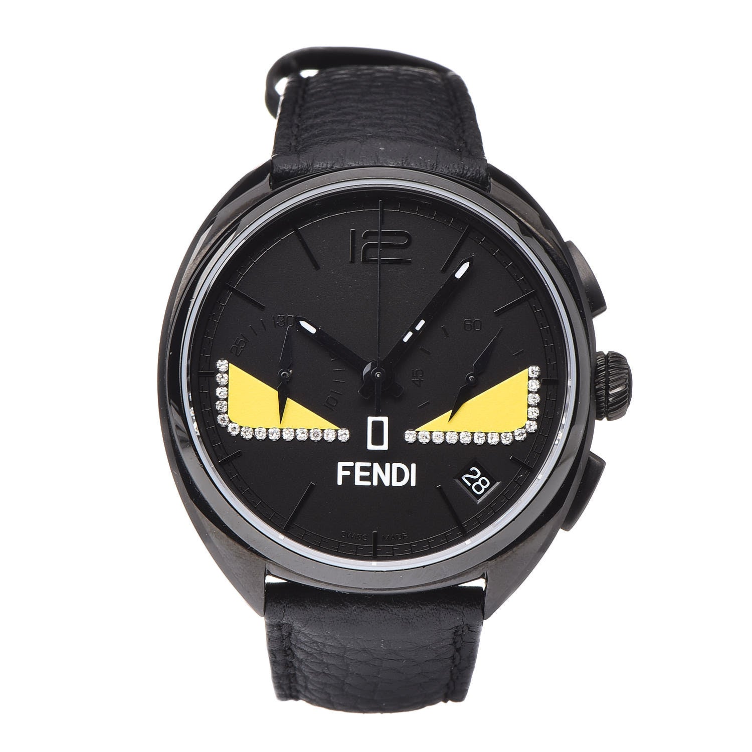 Fendi Stainless Steel Calfskin Diamond 40mm Momento Bugs Quartz Watch Black 1 of 9