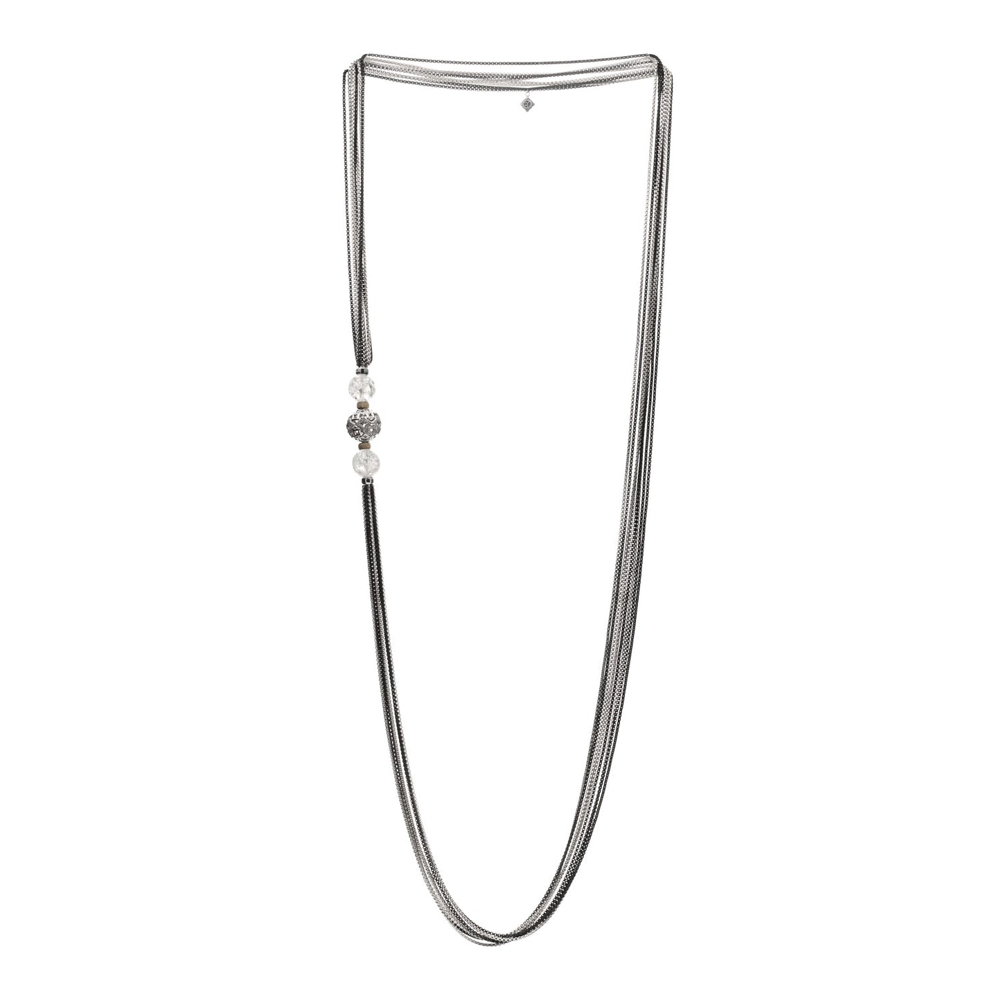 Sterling Silver Diamond Rock Crystal Quatrefoil Ball Multi Strand Necklace