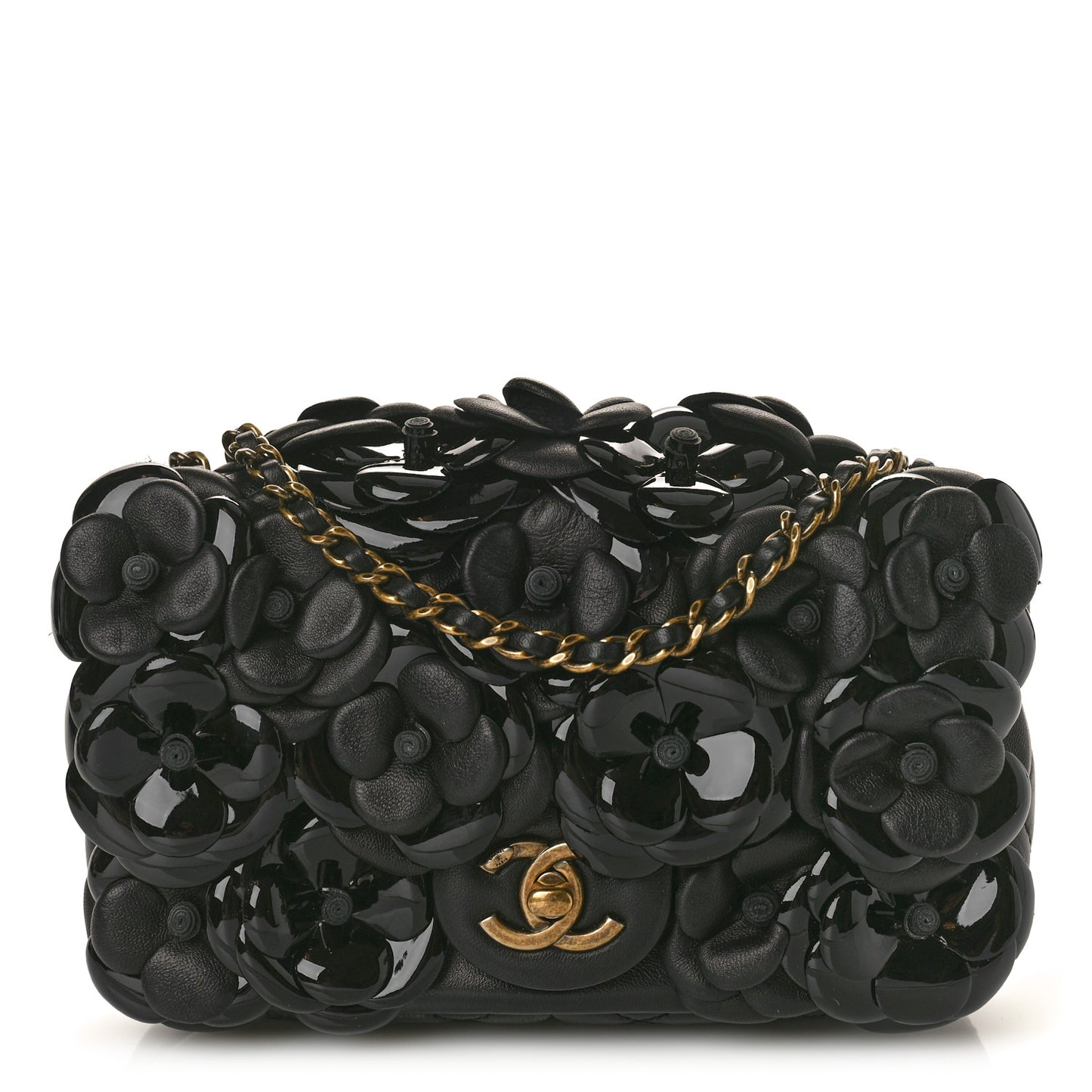 Lambskin Patent Mini Camellia Flap Black