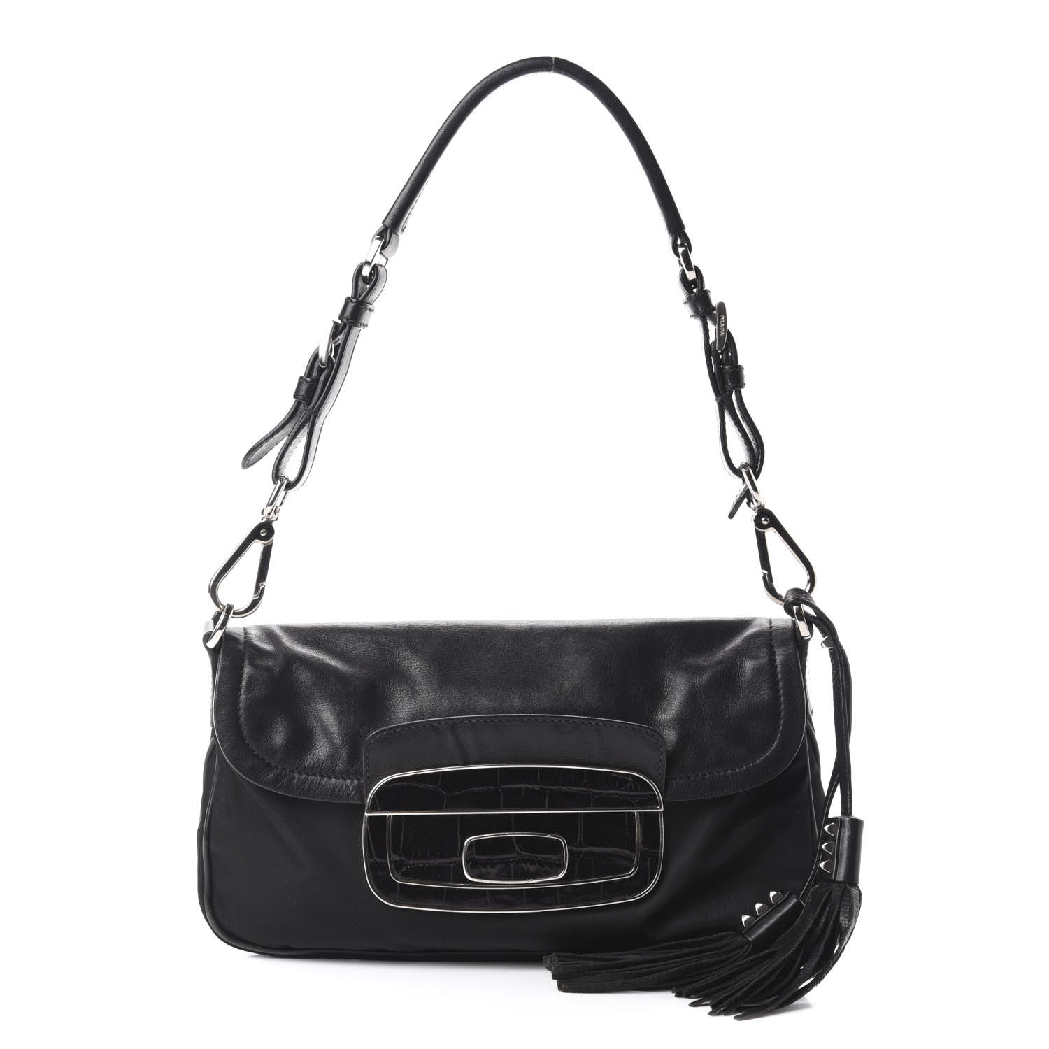 Prada Tessuto Nylon Calfskin Crocodile Embossed Shoulder Bag Black 1 of 12