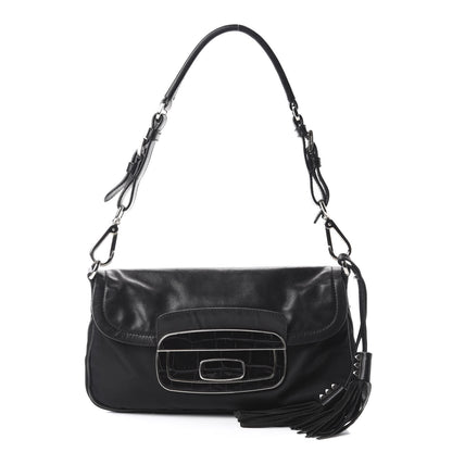 Prada Tessuto Nylon Calfskin Crocodile Embossed Shoulder Bag Black 1 of 12