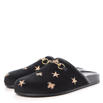 Gucci Softy Velvet Malaga Kid Bee Star Embroidered Womens Horsebit River Slippers 39 Black 3 of 12