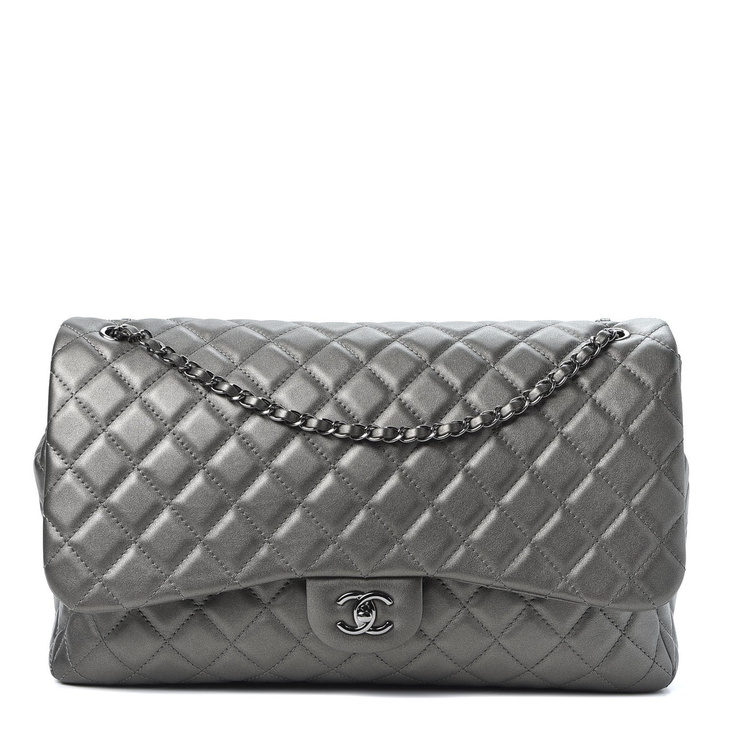 Metallic Calfskin Quilted Small XXL Travel Flap Bag Dark Silver