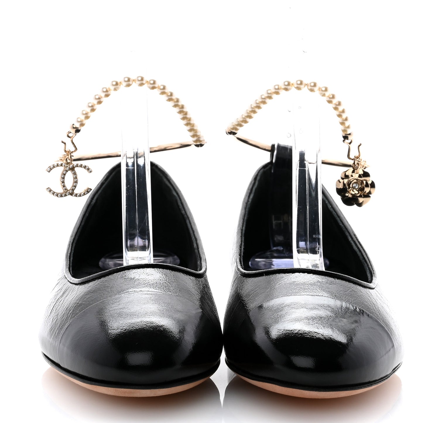 Lambskin Patent Calfskin Cap Toe Ankle Chain Ballerina Flats 38 Black