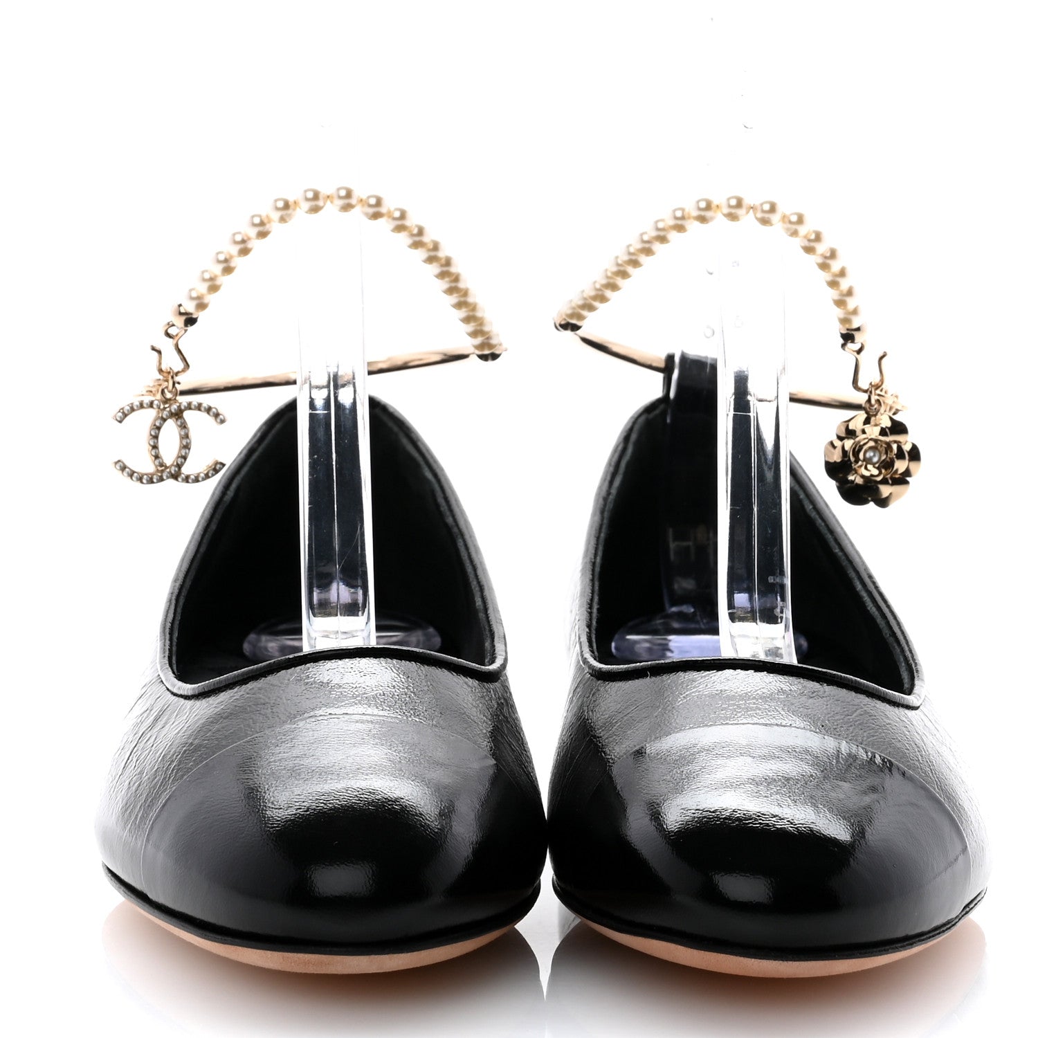 Chanel Lambskin Patent Calfskin Cap Toe Ankle Chain Ballerina Flats 38 Black 2 of 10