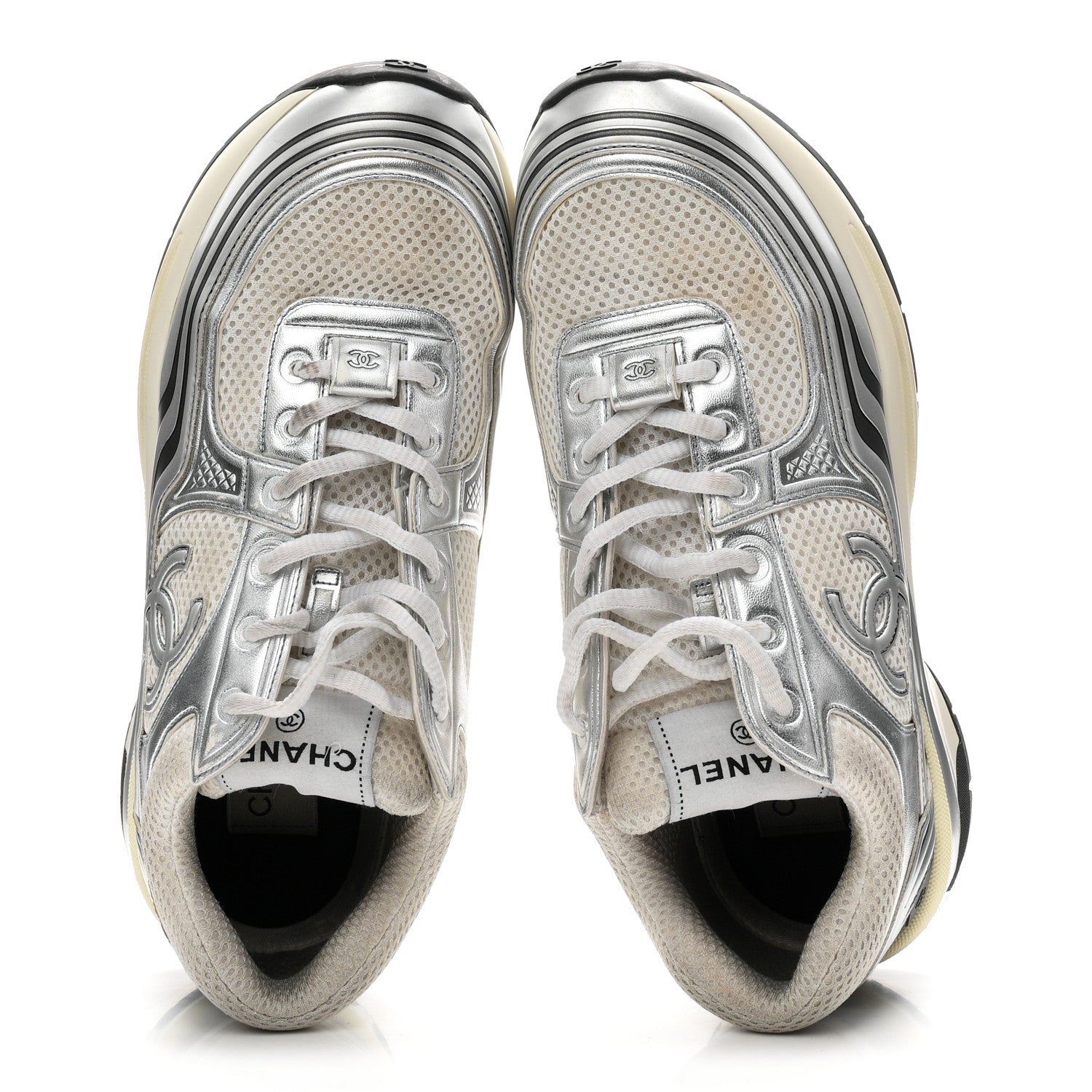 Chanel Fabric Laminated Calfskin Stretch CC Womens Sneakers 39 White Silver 2 of 9