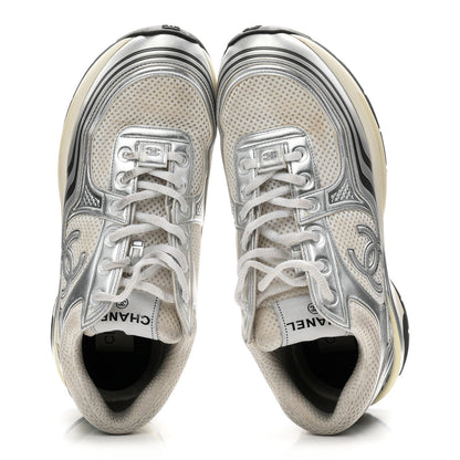 Chanel Fabric Laminated Calfskin Stretch CC Womens Sneakers 39 White Silver 2 of 9