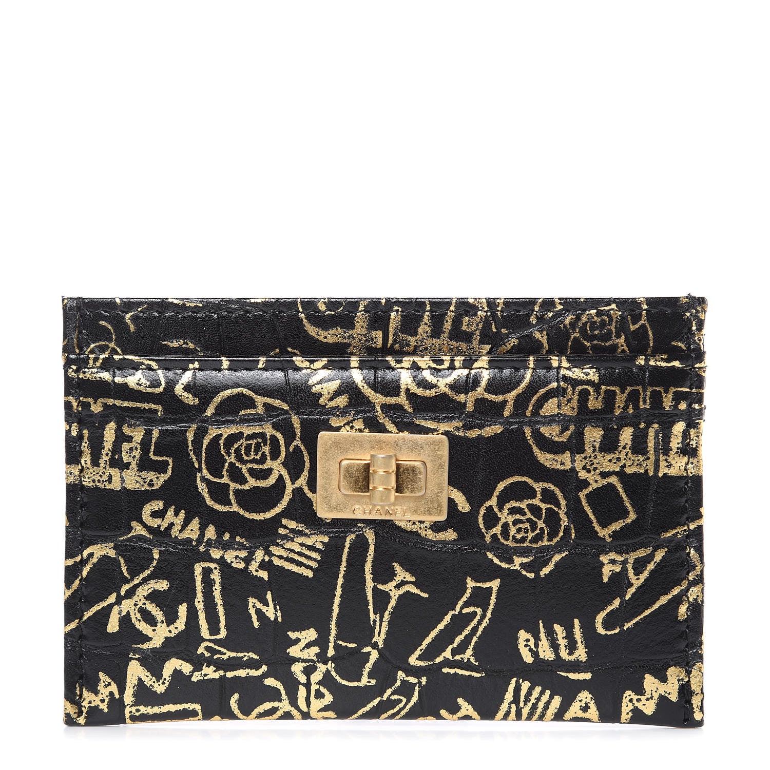 Chanel Calfskin Crocodile Embossed Graffiti 2.55 Cocodile Reissue Card Holder Black Gold 1 of 9