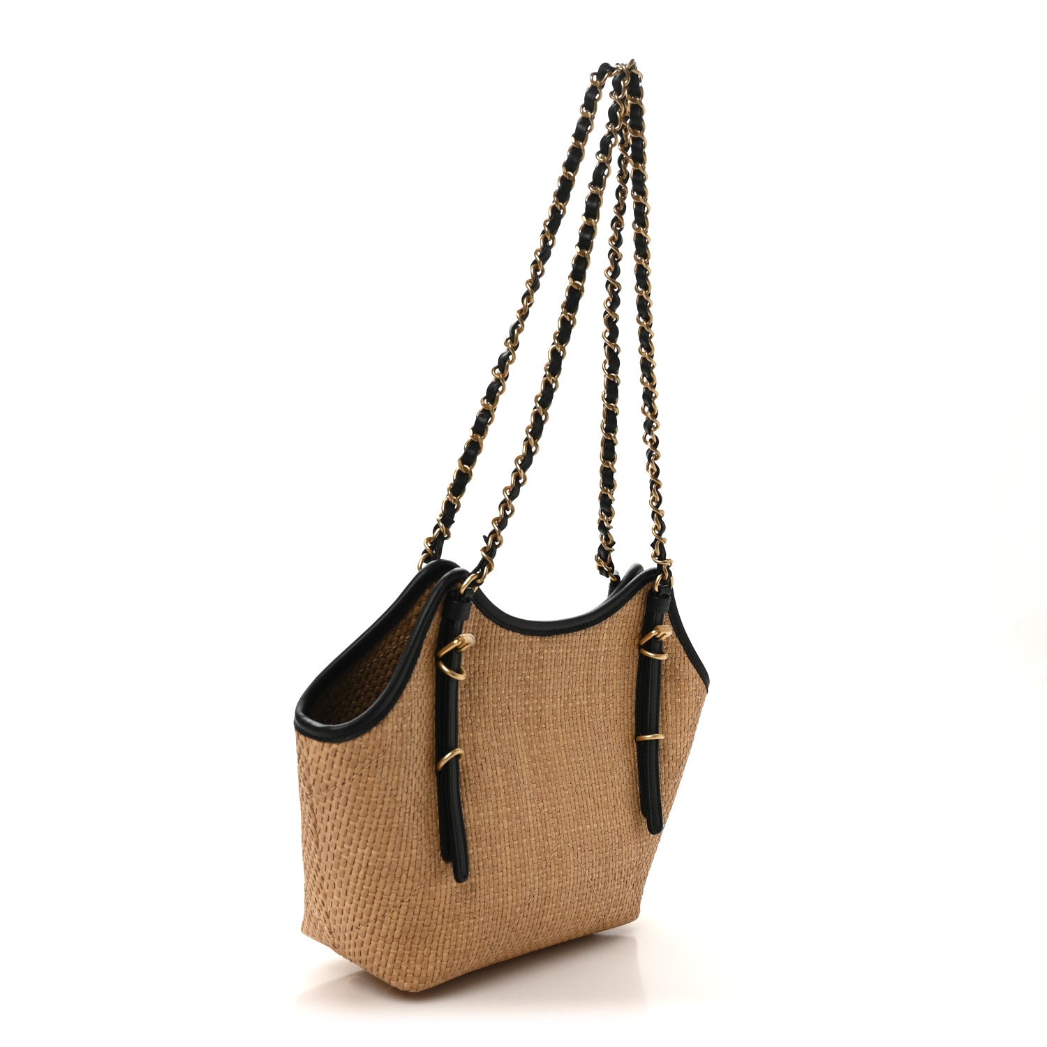 Chanel Braided Raffia Stitched Small Shopping Bag Dark Beige Black