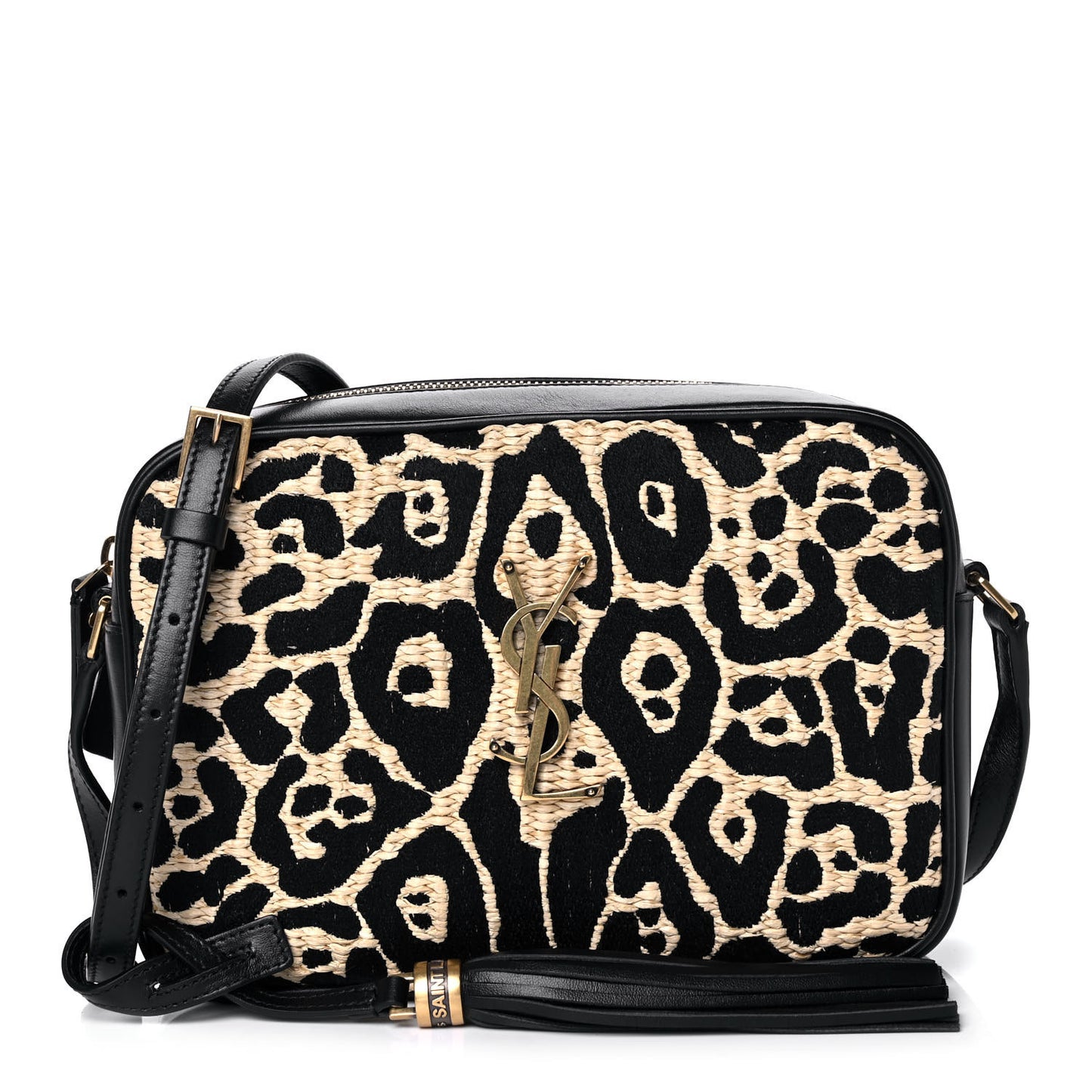 Raffia Calfskin Leopard Print Monogram Lou Camera Bag Natural Beige Black