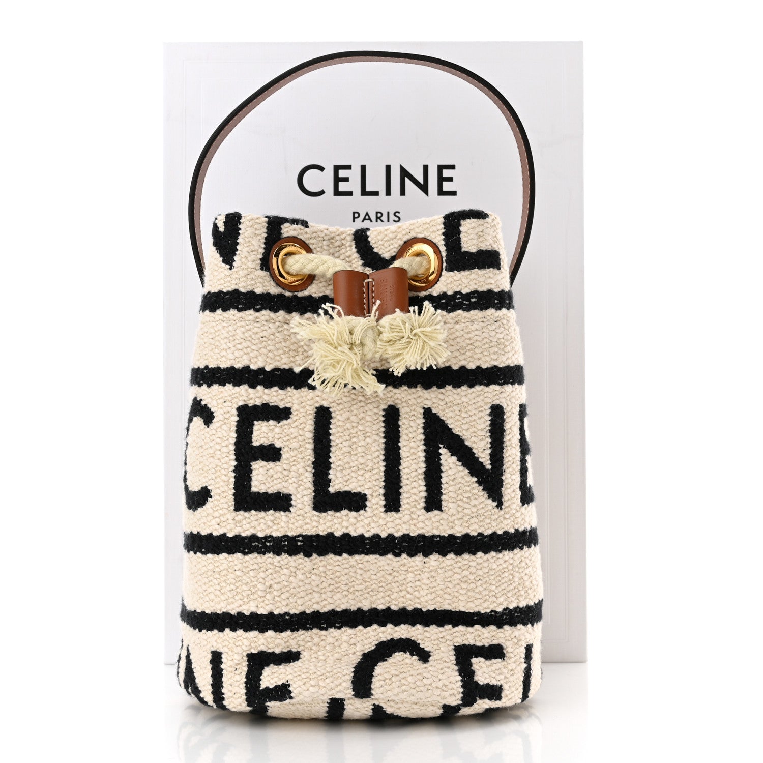 Celine All Over Textile Calfskin Striped Teen Drawstring Bag White Black 11 of 11