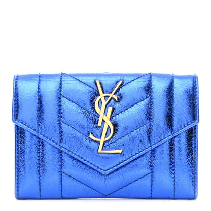 Saint Laurent Metallic Goatskin Mixed Matelasse Chevron Small Monogram Envelope Wallet Blue 1 of 8