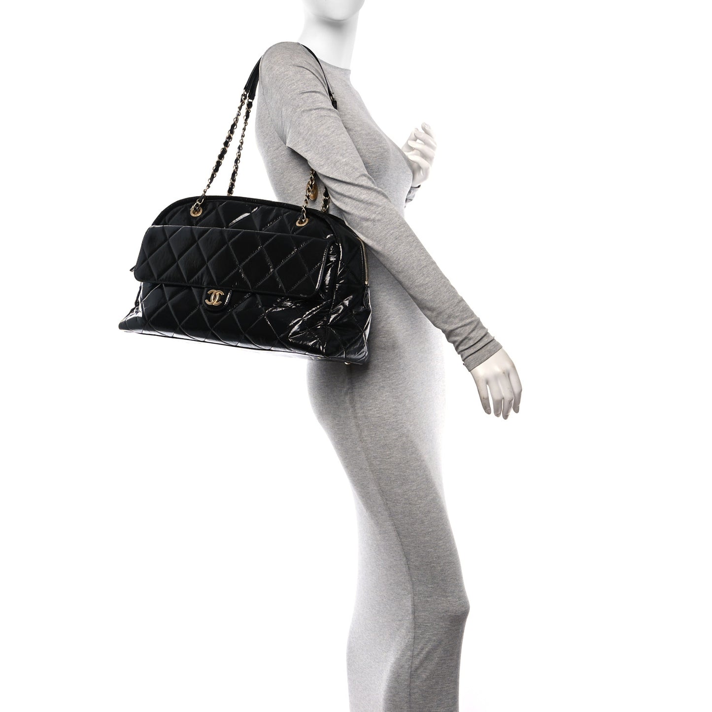 Shiny Crumpled Calfskin Quilted Maxi Bowling Bag Black