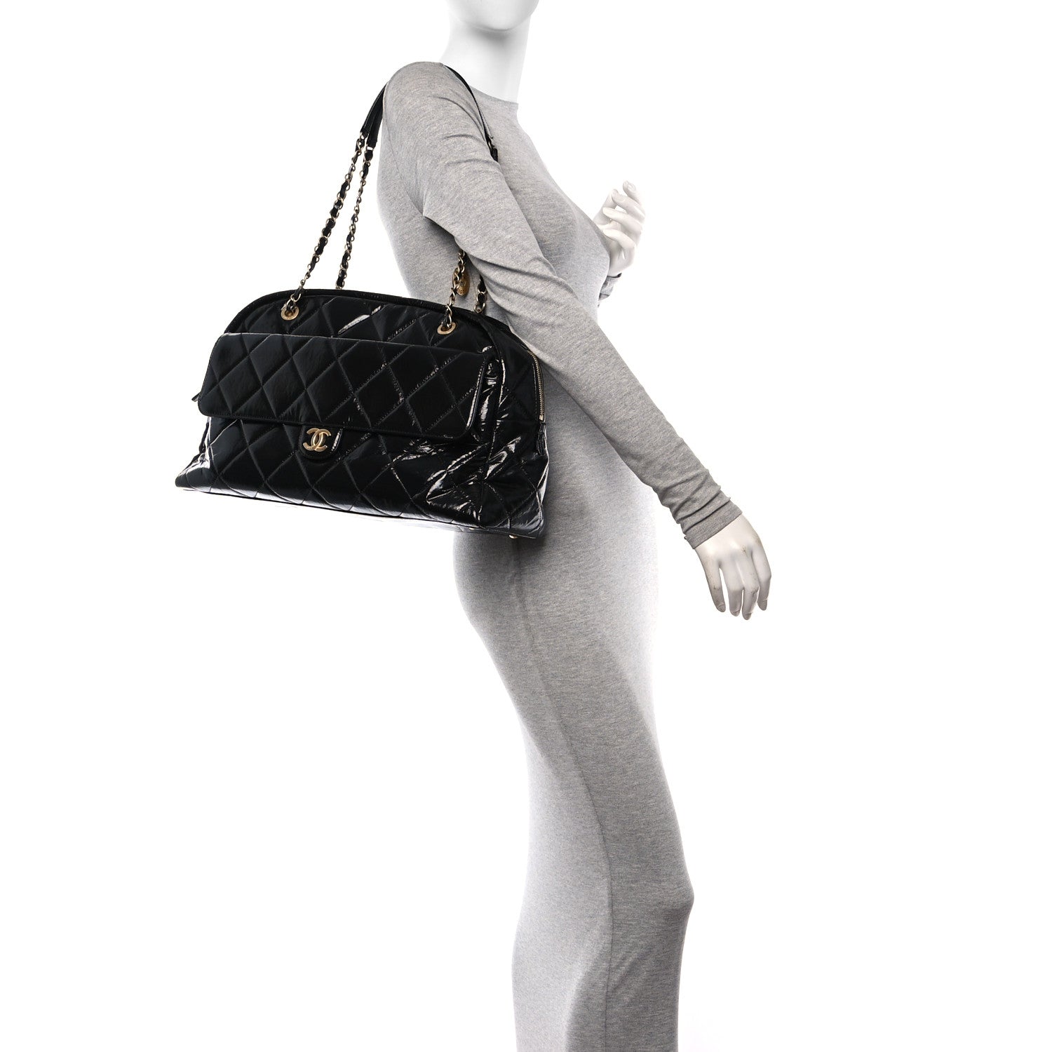 Chanel Shiny Crumpled Calfskin Quilted Maxi Bowling Bag Black 2 of 9