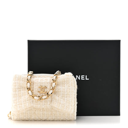 Chanel Tweed Quilted Bow Flap Card Holder On Chain White 12 of 12