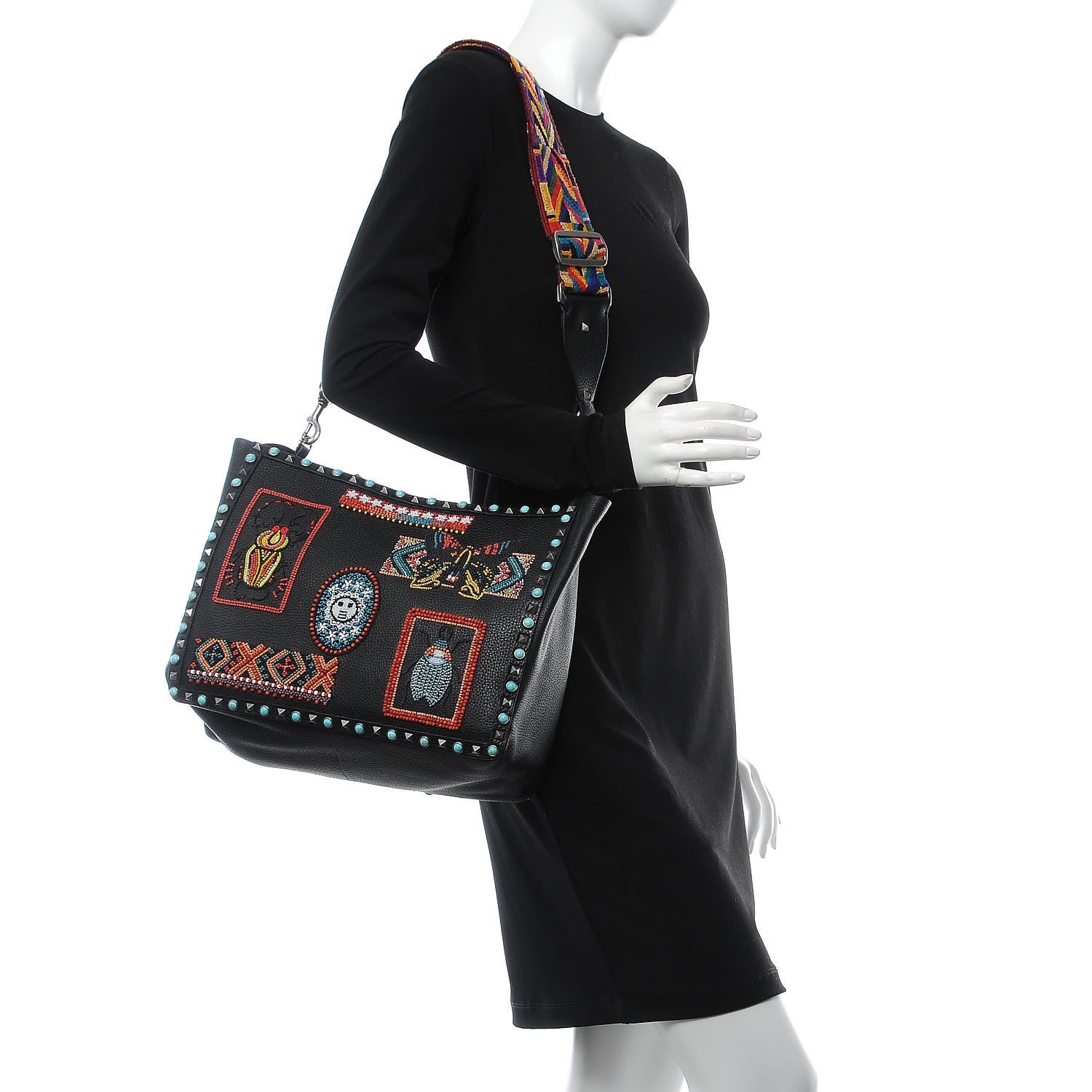 Valentino Garavani Grained Calfskin Patch Beaded Medium Rockstud Rolling Crossbody Tote Black Multicolor 2 of 8