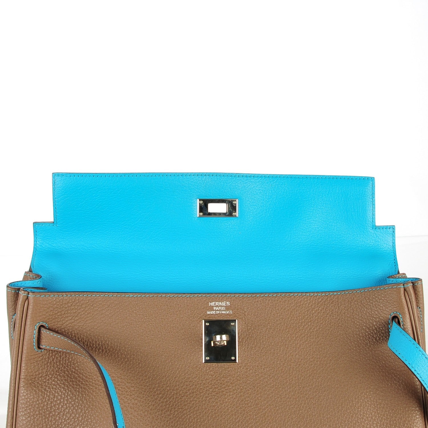 Hermes Togo Kelly Retourne Eclat 35 Etoupe Bleu Azteque 17 of 23