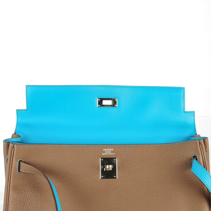Hermes Togo Kelly Retourne Eclat 35 Etoupe Bleu Azteque 17 of 23