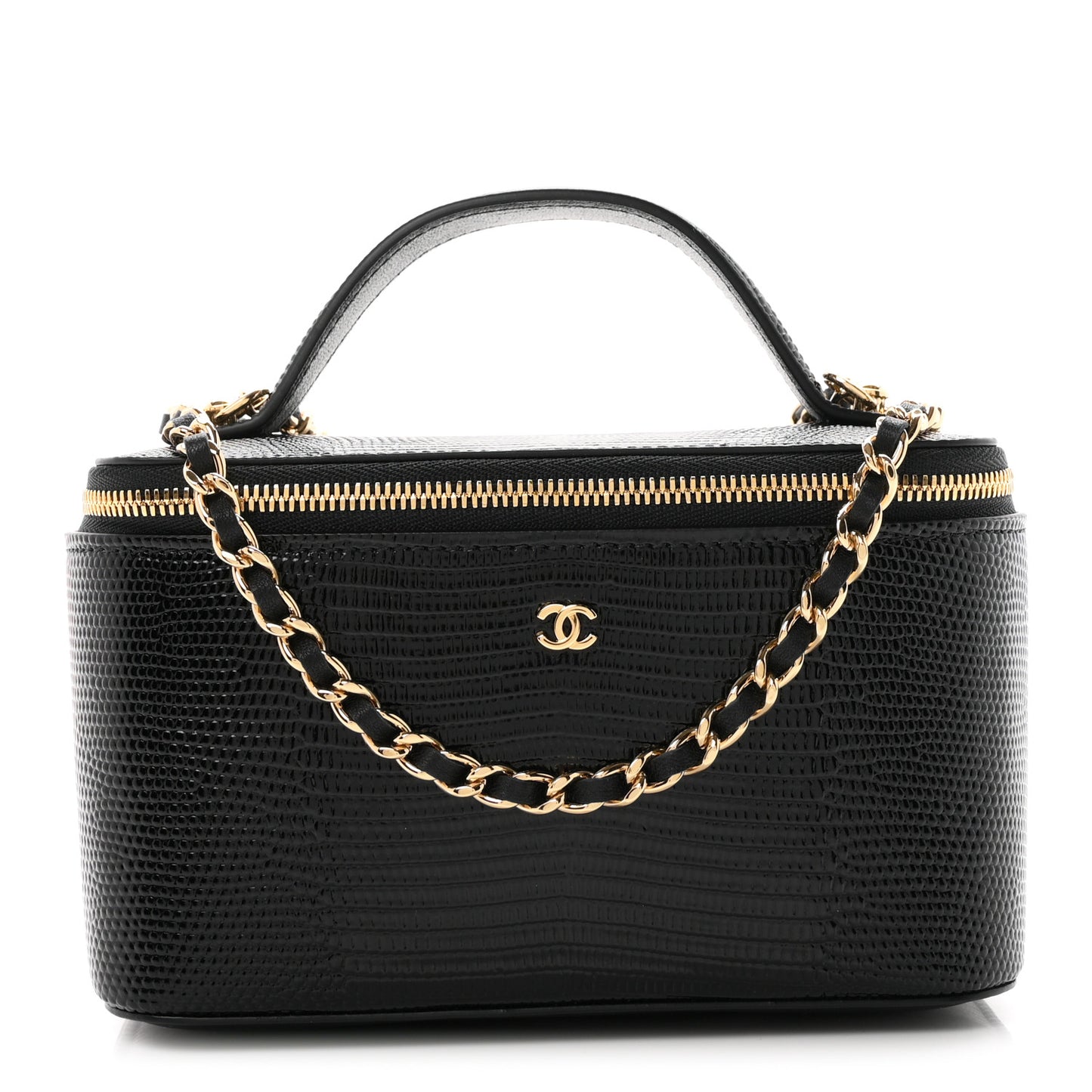 Calfskin Lizard Embossed Top Handle Vanity With Chain Black