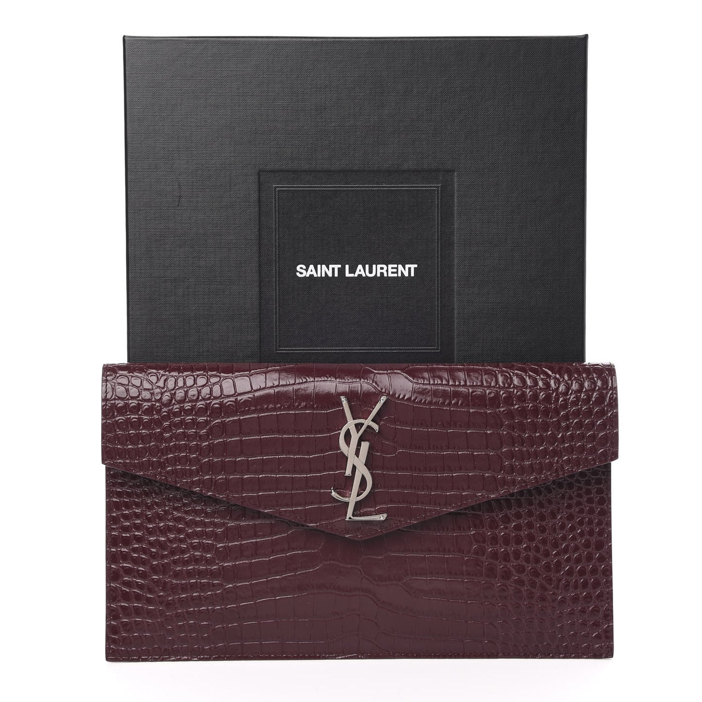 Calfskin Crocodile Embossed Uptown Monogram Clutch Rouge Legion
