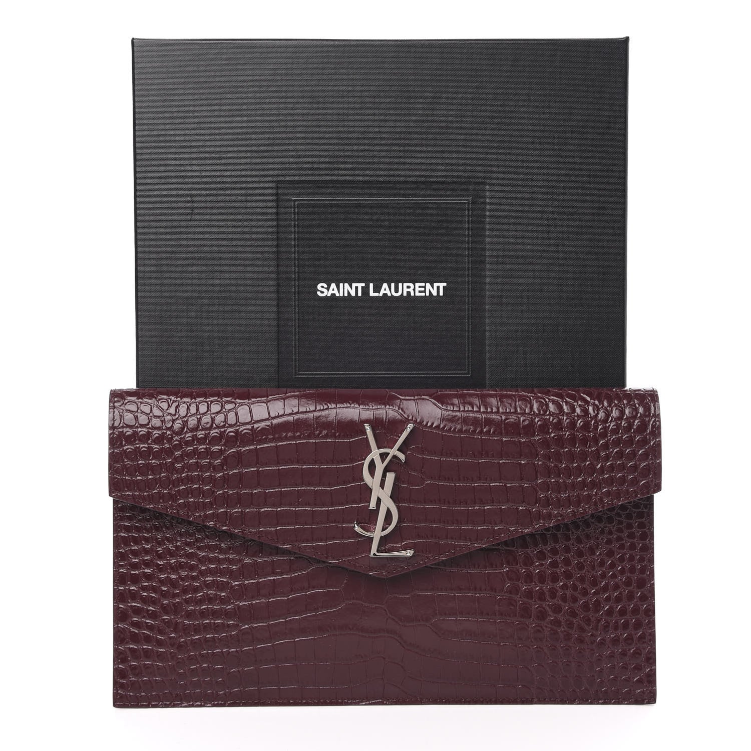 Saint Laurent Calfskin Crocodile Embossed Uptown Monogram Clutch Rouge Legion 7 of 7
