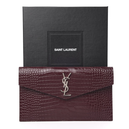 Saint Laurent Calfskin Crocodile Embossed Uptown Monogram Clutch Rouge Legion 7 of 7