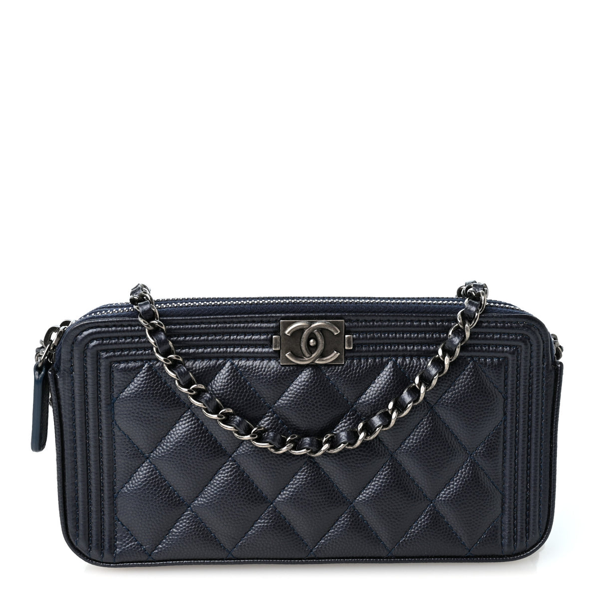 Chanel Metallic Caviar Quilted Small Boy Clutch With Chain Navy 1 of 12