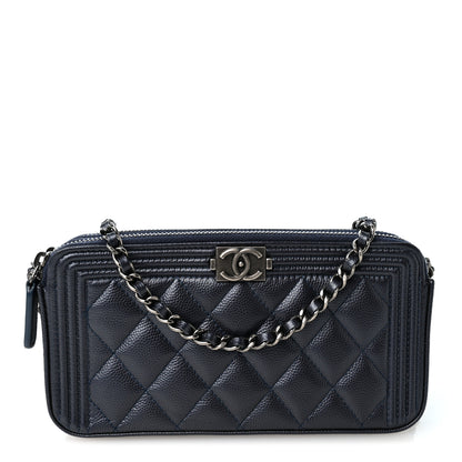 Chanel Metallic Caviar Quilted Small Boy Clutch With Chain Navy 1 of 12
