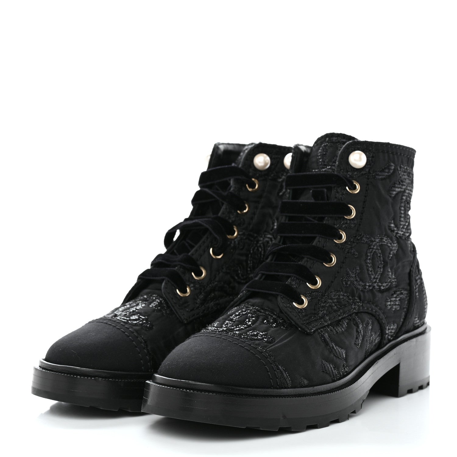 Chanel Tweed Grosgrain CC Combat Short Boots 38.5 Black 3 of 8