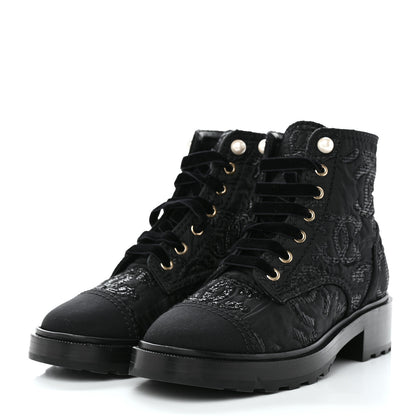 Chanel Tweed Grosgrain CC Combat Short Boots 38.5 Black 3 of 8