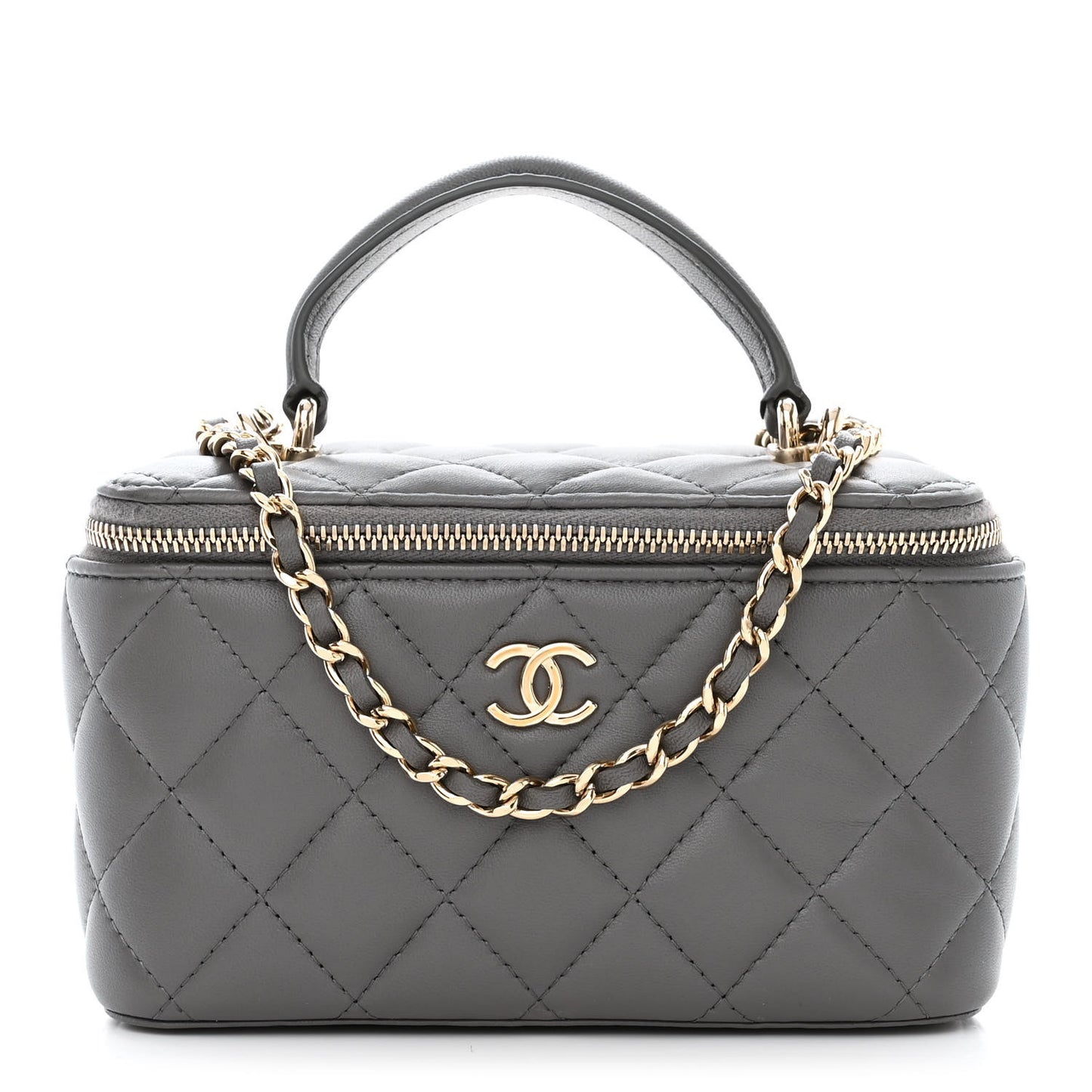 Lambskin Quilted Small Top Handle Vanity Case With Chain Dark Grey