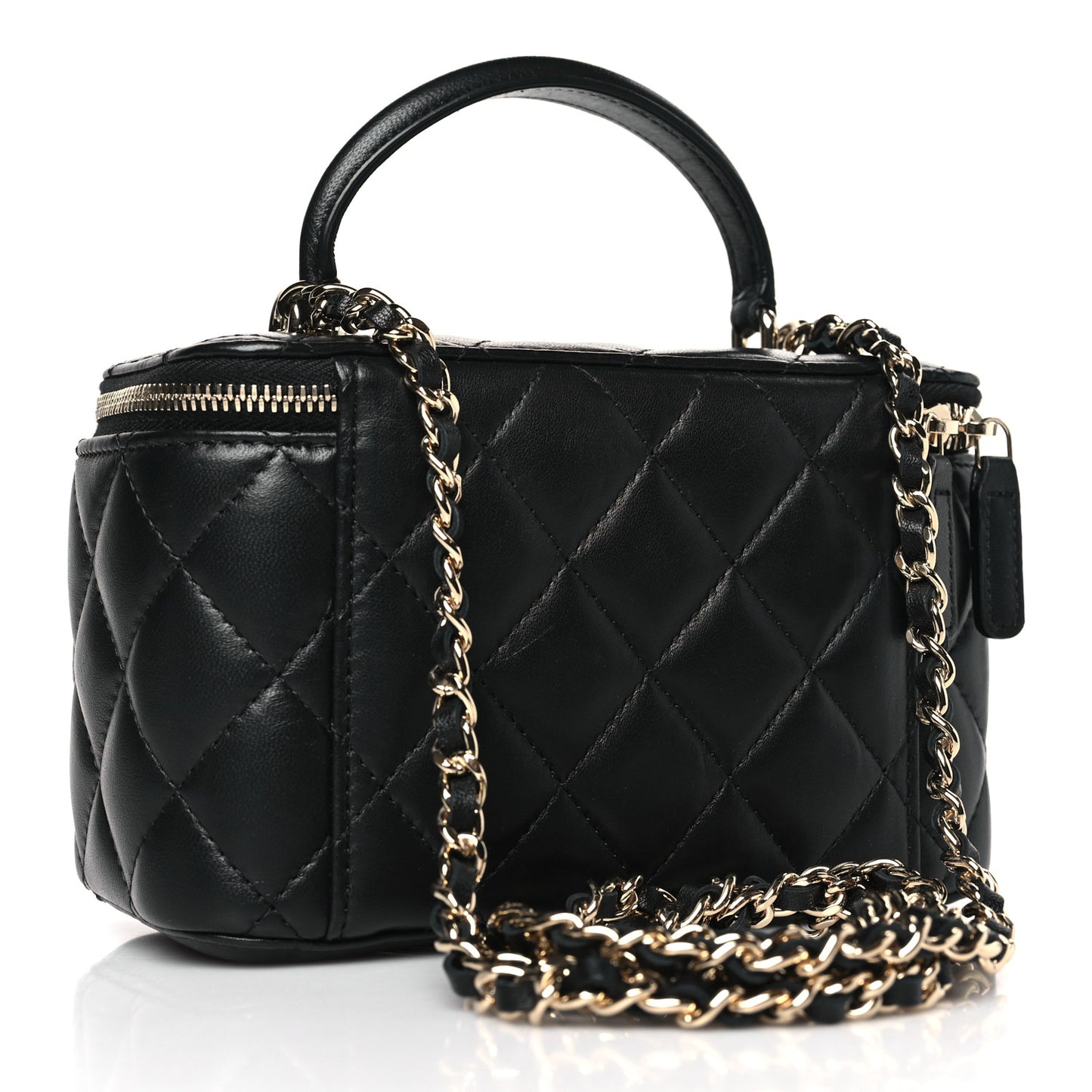 Lambskin Quilted Small Top Handle Vanity Case With Chain Black
