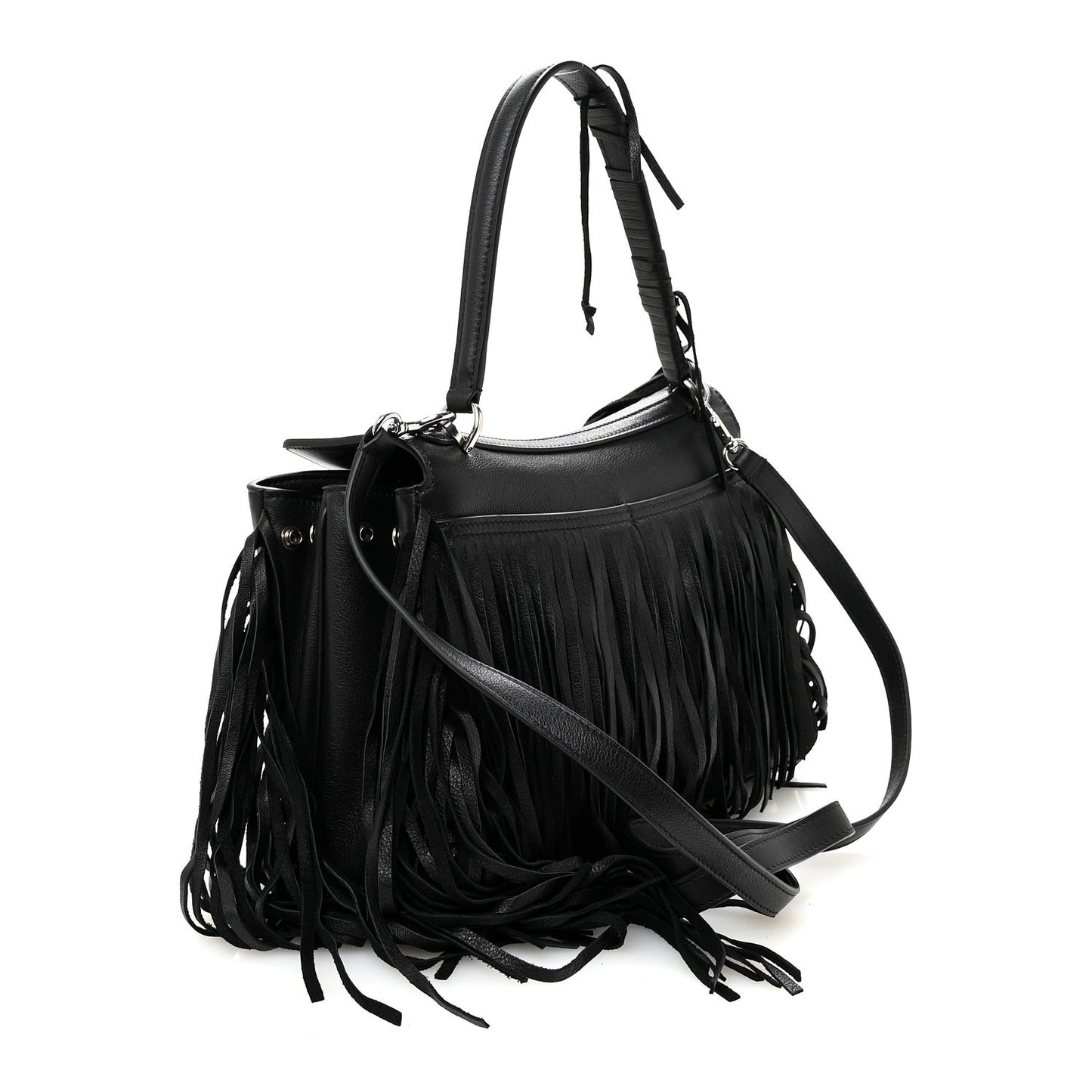 Natural Smooth Madeline Calfskin Fringes Small Rodeo Top Handle Handbag Black