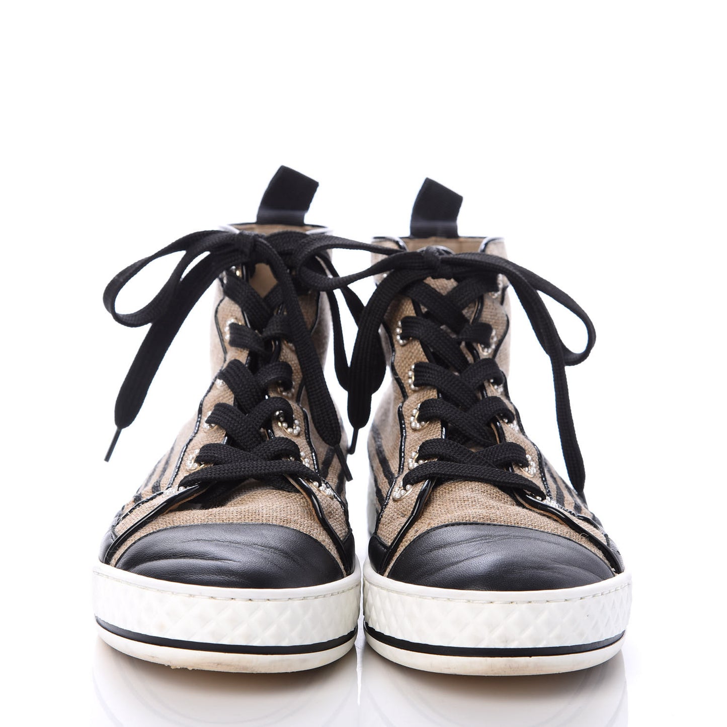 Fabric Lambskin Lace Up Cap Toe Sneakers 36 Beige Black