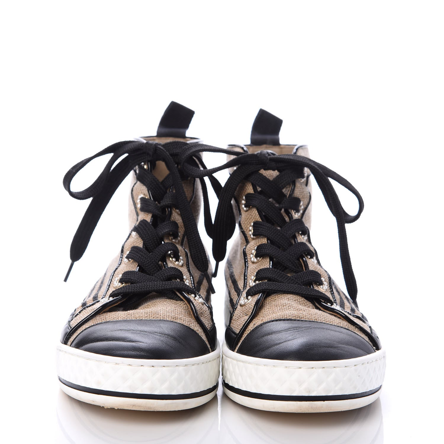 Chanel Fabric Lambskin Lace Up Cap Toe Sneakers 36 Beige Black 2 of 6