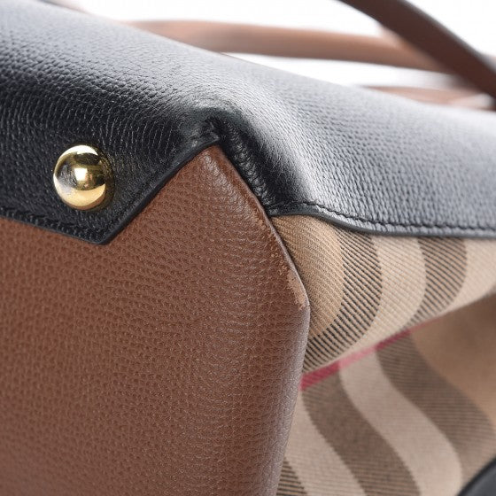 Burberry Grainy Calfskin House Check Two Tone Medium Banner Tote Black Brown 16 of 18
