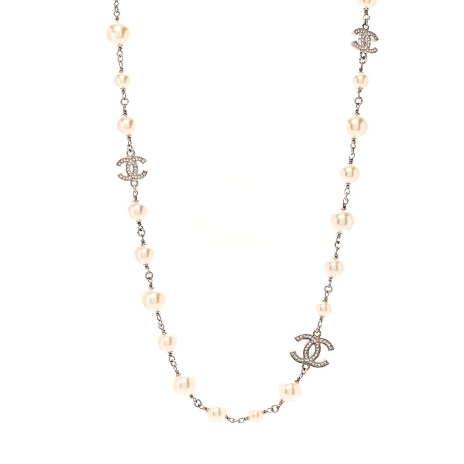 Chanel Crystal Pearl CC Long Necklace Silver 1 of 7