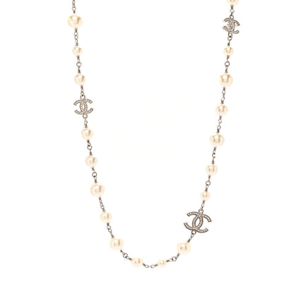 Chanel Crystal Pearl CC Long Necklace Silver 1 of 7